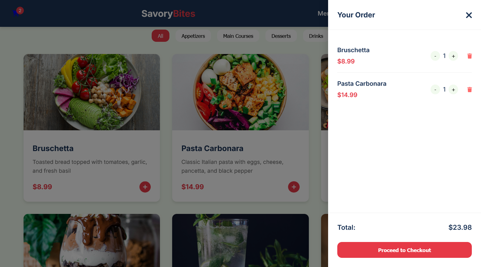 Savory Bites mobile menu page